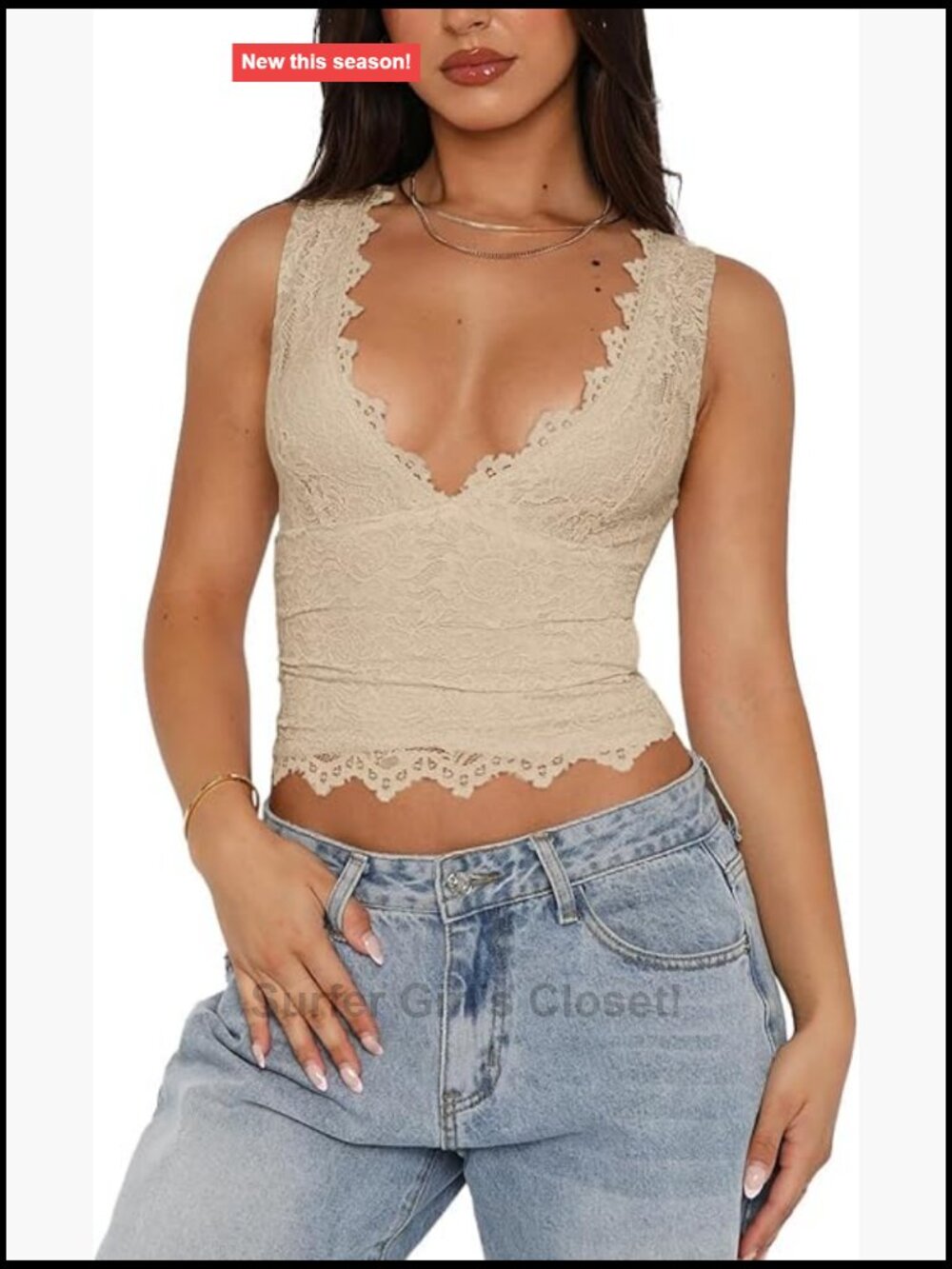 Women's Sexy V-Neck Sleeveless Double Lined Lace Cropped Tank Tops Y2K Going Out